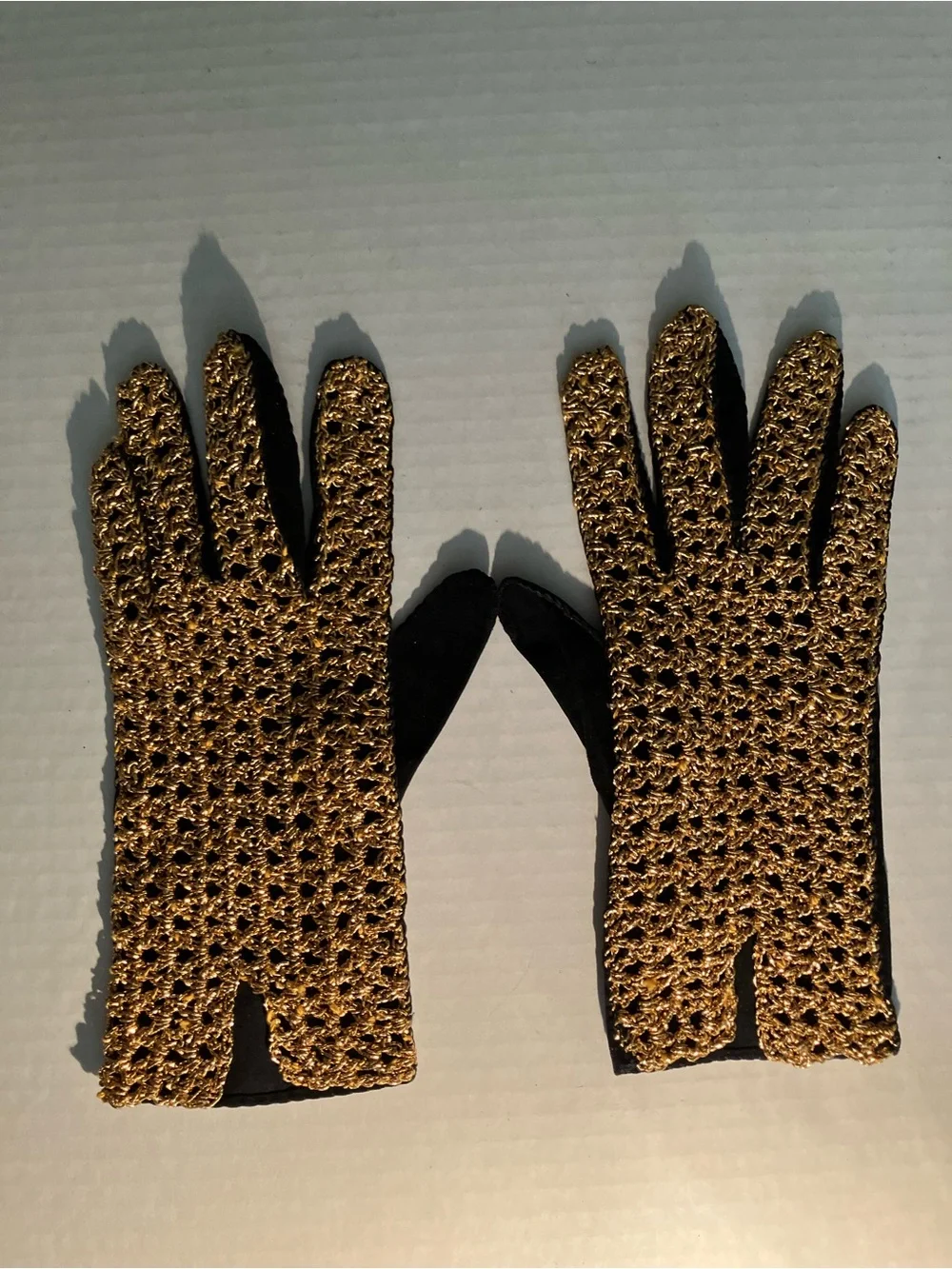 Gold Metallic Crochet Knit and Suede Gloves